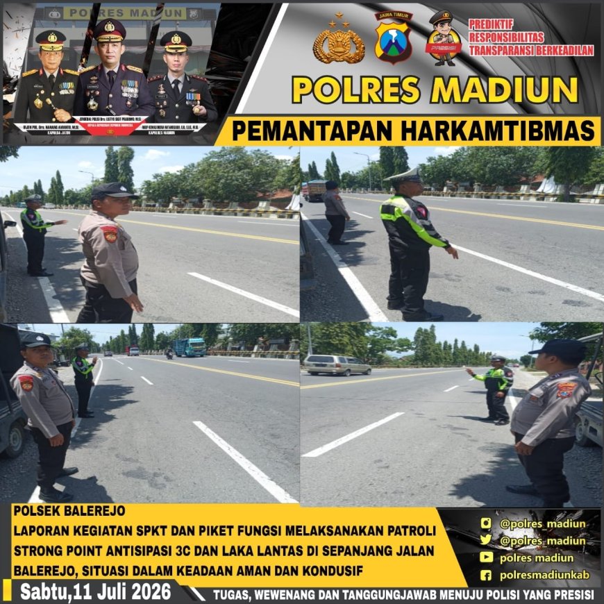 Antisipasi Kriminalitas dan Kecelakaan, Polsek Balerejo Gelar Patroli Strong Point di Jalur Utama