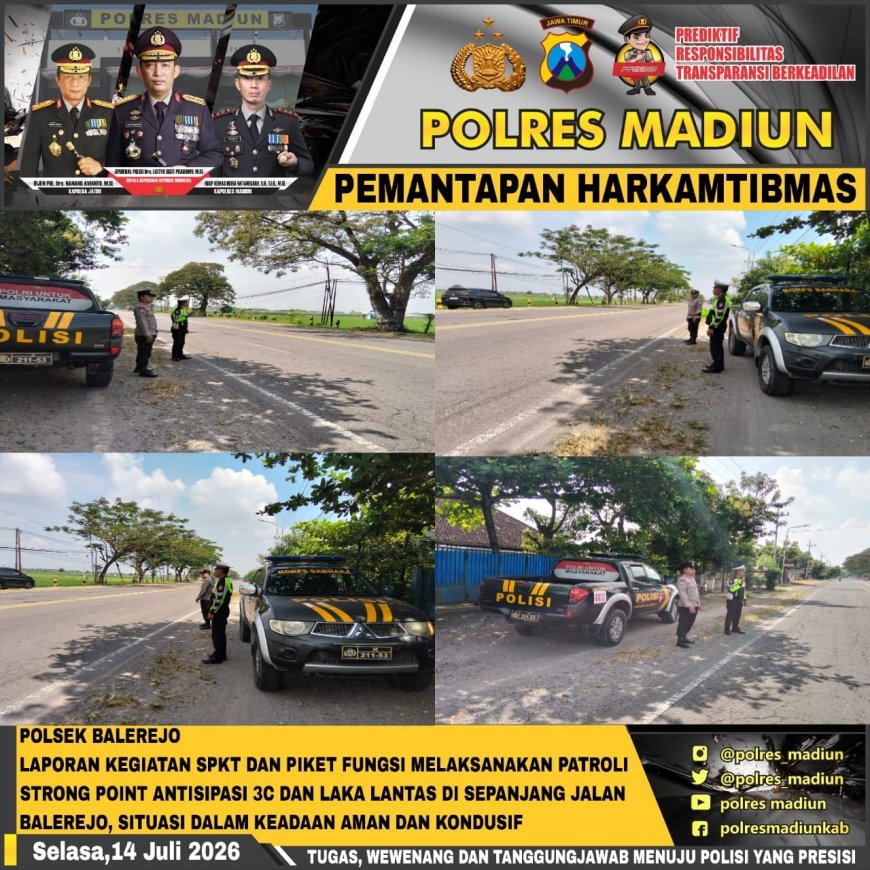 Antisipasi Kriminalitas dan Kecelakaan, Polsek Balerejo Gelar Patroli Strong Point di Jalur Madiun-Surabaya